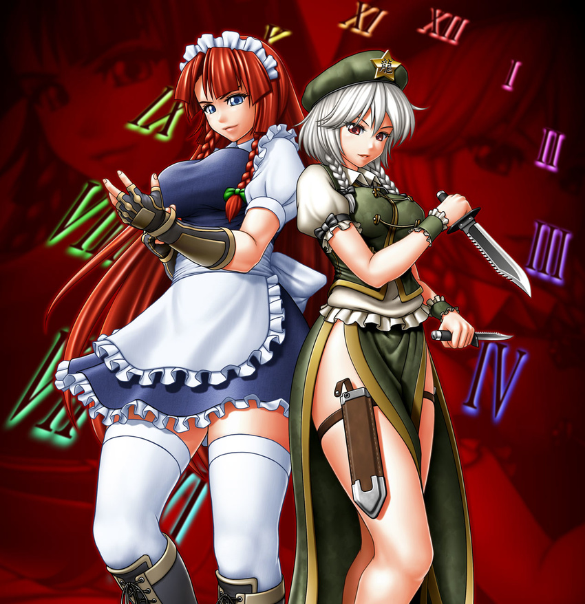 2girls alternate_costume blue_eyes boots braid breasts china_dress chinese_clothes cosplay costume_switch daina_rukawa enmaided female fingerless_gloves gloves hat highres hong_meiling hong_meiling_(cosplay) izayoi_sakuya izayoi_sakuya_(cosplay) knife large_breasts long_hair maid maid_headdress multiple_girls red_eyes red_hair short_hair silver_hair the_embodiment_of_scarlet_devil thigh_strap thighhighs throwing_knife touhou twin_braids weapon white_legwear white_thighhighs wrist_cuffs zettai_ryouiki zoom_layer