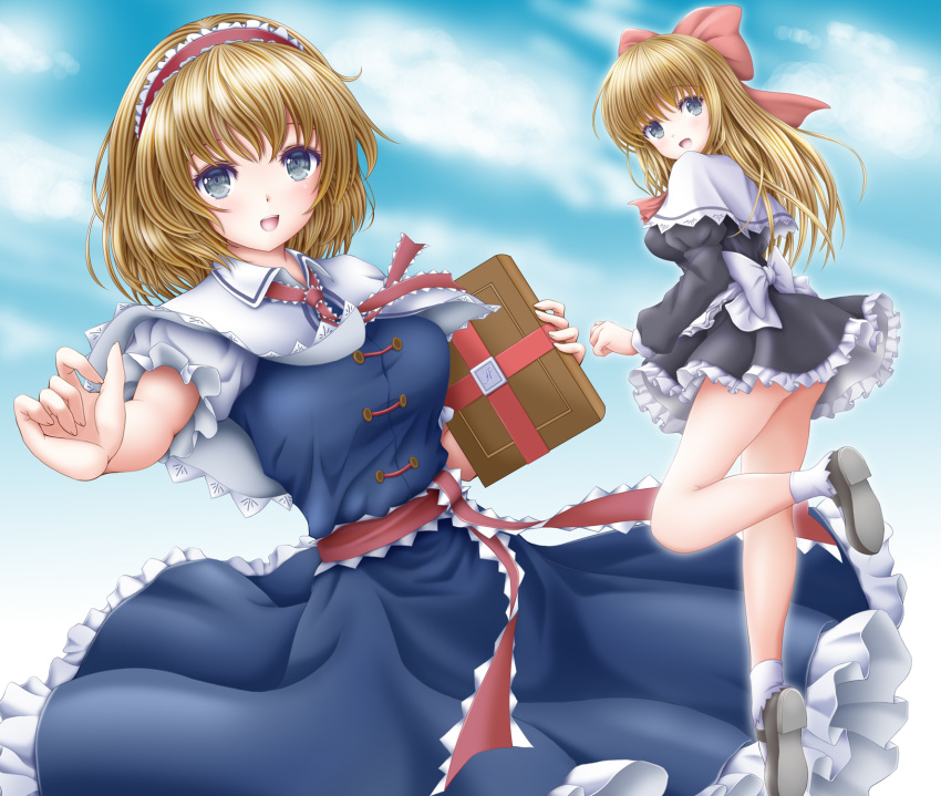 1girl :d akino_irori alice_margatroid black_dress blonde_hair blue_dress blue_eyes blue_sky bobby_socks book breasts brown_footwear capelet cloud commentary_request cowboy_shot day dress floating folded_leg frilled_skirt frills grimoire grimoire_of_alice hair_ribbon hairband highres holding holding_book juliet_sleeves leaning_to_the_side leg_lift lolita_hairband long_hair long_sleeves looking_at_viewer looking_back medium_breasts open_mouth outdoors outstretched_hand partial_commentary petticoat puffy_sleeves red_neckwear ribbon sash shanghai_doll short_dress short_hair skirt sky smile socks solo standing touhou very_long_hair white_capelet white_legwear wind