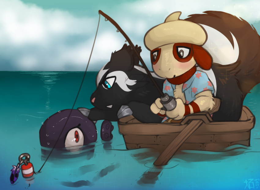 boat cephalopod chisai clothed clothing coleoid decapodiform detailed_background digital_media_(artwork) duo feathers fishing fishing_rod linoone marine mollusk nintendo o-ishi outside pok&eacute;mon pok&eacute;mon_(species) sea sitting smeargle smile tentacles tracy_(linker) vehicle video_games water watercraft