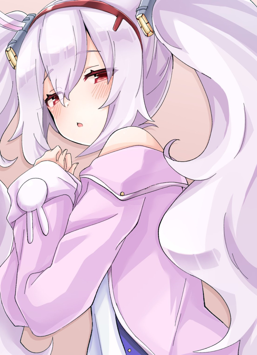 1girl animal_ears azur_lane bangs bare_shoulders blush brown_background bunny_ears chestnut_mouth eyebrows_visible_through_hair hair_between_eyes hair_ornament hairband hana_(tmtmrgrgtrg) highres jacket laffey_(azur_lane) long_hair long_sleeves lying off_shoulder on_side open_clothes open_jacket parted_lips pink_jacket purple_hair red_eyes red_hairband sleeves_past_wrists solo twintails upper_body very_long_hair white_camisole