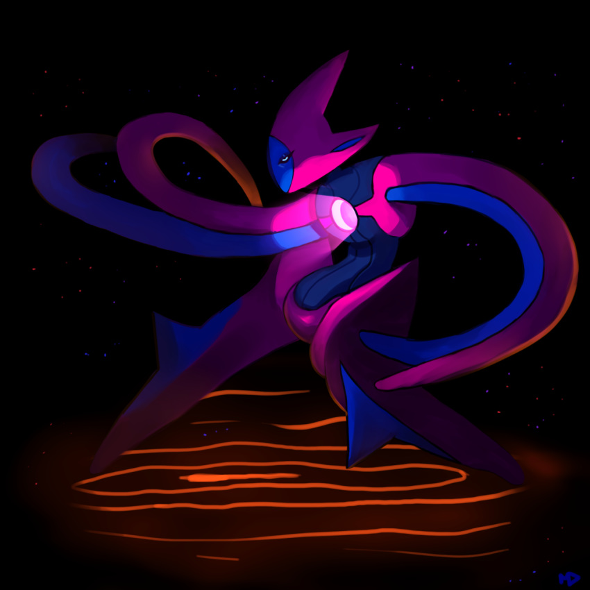 commentary creature deoxys deoxys_(attack) english_commentary full_body gen_3_pokemon highres megadinkloid no_humans pokemon pokemon_(creature) signature solo space star_(sky)