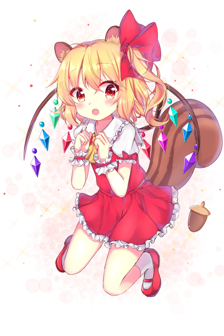 1girl :o acorn animal_ears arms_up blonde_hair blush bobby_socks cravat curled_fingers eyebrows_visible_through_hair fang flandre_scarlet folded_leg frilled_skirt frills gradient gradient_background hair_between_eyes hair_ribbon hanen_(borry) highres kemonomimi_mode long_hair looking_at_viewer mary_janes no_hat no_headwear one_side_up open_mouth petticoat pink_background red_eyes red_footwear red_skirt red_vest ribbon shoes skirt socks solo squirrel_ears squirrel_tail symbol_commentary tail touhou vest white_background white_legwear wings wrist_cuffs yellow_neckwear