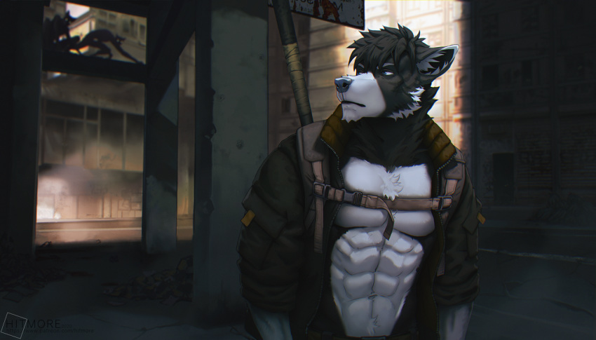 2020 abs anthro black_hair blue_nose canid canine canis clothed clothing detailed_background digital_media_(artwork) hair hitmore male mammal solo standing wolf