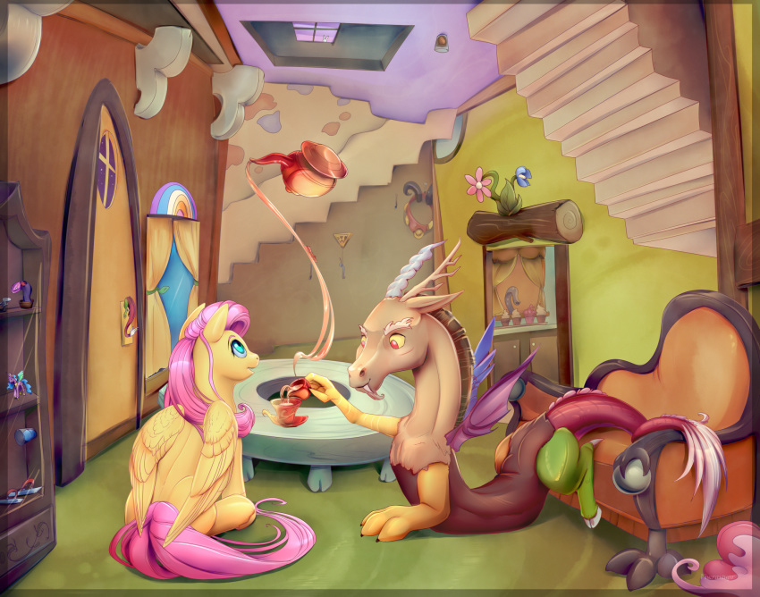 2020 brown_hair digital_media_(artwork) discord_(mlp) equid equine fangs feathered_wings feathers female fluttershy_(mlp) friendship_is_magic hair hi_res hooves horn inside male mammal my_little_pony pink_hair pterippus sitting smile viwrastupr wings yellow_body yellow_feathers