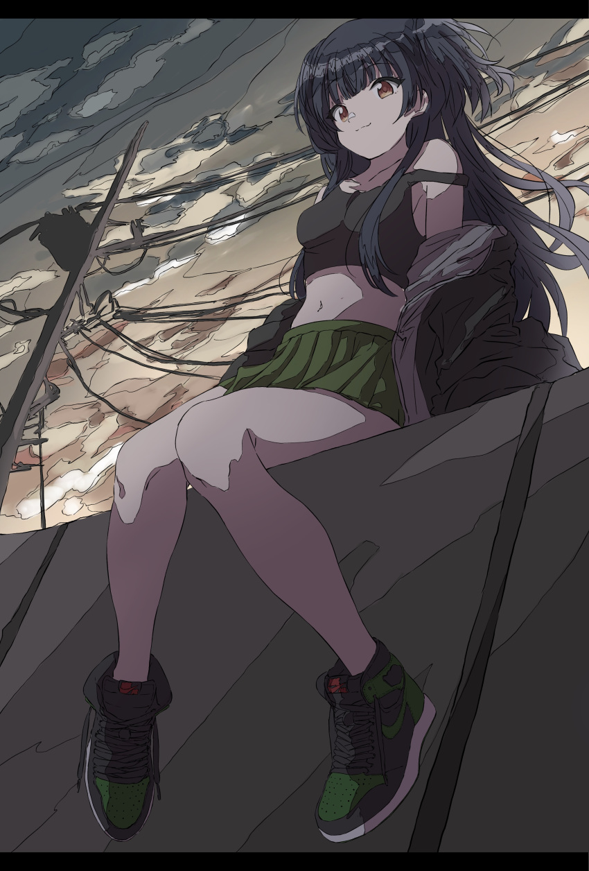 1girl absurdres bangs bare_legs bare_shoulders black_hair blunt_bangs brown_eyes cel_shading closed_mouth cloud cloudy_sky dusk highres idolmaster idolmaster_shiny_colors jacket long_hair looking_at_viewer mayuzumi_fuyuko midriff miniskirt off-shoulder_jacket outdoors power_lines shoes sitting skirt sky smile sneakers solo strap_slip tank_top two_side_up untied_shoes urota_shimapann