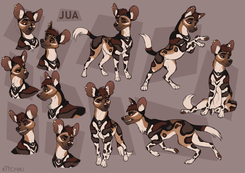 4_toes african_wild_dog black_nose canid canine collar ear_piercing ear_ring feral hi_res kitchiki male mammal paws piercing sitting smile solo standing teeth toes