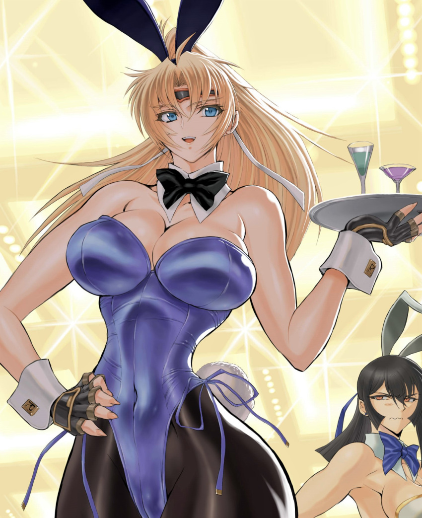 2girls alcohol animal_ears bangs bare_shoulders black_hair blonde_hair blue_eyes blue_leotard breasts bunny_ears bunny_tail bunnysuit cleavage cocktail cocktail_glass commentary_request covered_navel cup detached_collar drinking_glass eyebrows_visible_through_hair fingerless_gloves gloves hand_on_hip highleg highleg_leotard highres holding large_breasts leotard logan0241 long_hair martial_champion multiple_girls open_mouth pantyhose racheal shiny shiny_clothes shiny_skin strapless strapless_leotard tail tray wrist_cuffs