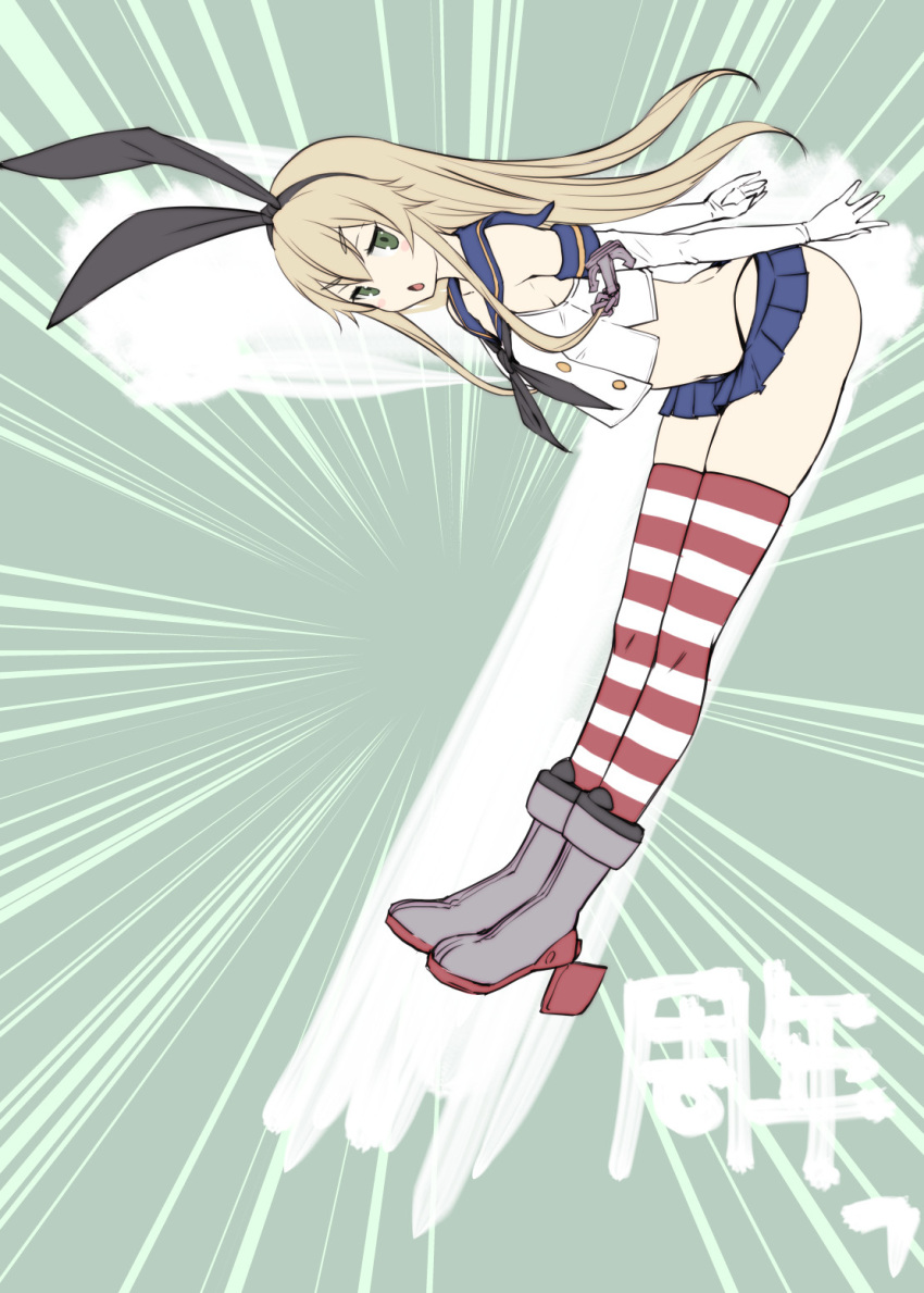 1girl bent_over blonde_hair blue_sailor_collar blue_skirt bosshi commentary_request crop_top elbow_gloves eyebrows_visible_through_hair gloves green_eyes grey_footwear hairband highres kantai_collection long_hair microskirt open_mouth sailor_collar shimakaze_(kantai_collection) skirt sleeveless solo striped striped_legwear thighhighs white_gloves