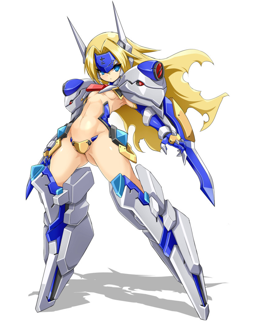1girl :&lt; ass_visible_through_thighs blazblue blonde_hair blue_eyes breasts crotch_plate elbow_gloves forehead_protector full_body gloves headgear highres karukan_(monjya) long_hair looking_at_viewer mecha_musume mu-12 navel noel_vermillion revealing_clothes sidelocks small_breasts solo tsurime underboob white_background
