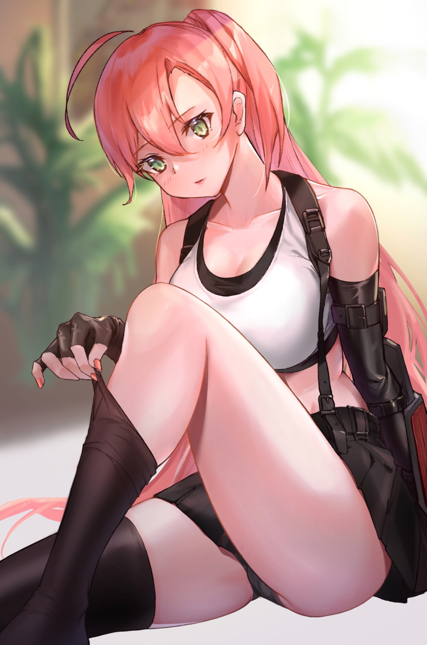 1girl absurdres ahoge arm_guards bangs black_gloves black_legwear black_skirt blurry blurry_background blush breasts cleavage commentary cosplay crop_top depth_of_field elbow_gloves english_commentary eyebrows_visible_through_hair fingernails gloves green_eyes hair_between_eyes highres hololive knee_up large_breasts lims_(neko2lims) long_hair looking_away looking_down miniskirt nail_polish one_side_up orange_nails panties pantyshot parted_lips pink_hair pleated_skirt sakura_miko sitting skirt sleeveless smile solo straight_hair suspender_skirt suspenders thighhighs_pull thighs tifa_lockhart tifa_lockhart_(cosplay) underwear undressing very_long_hair virtual_youtuber