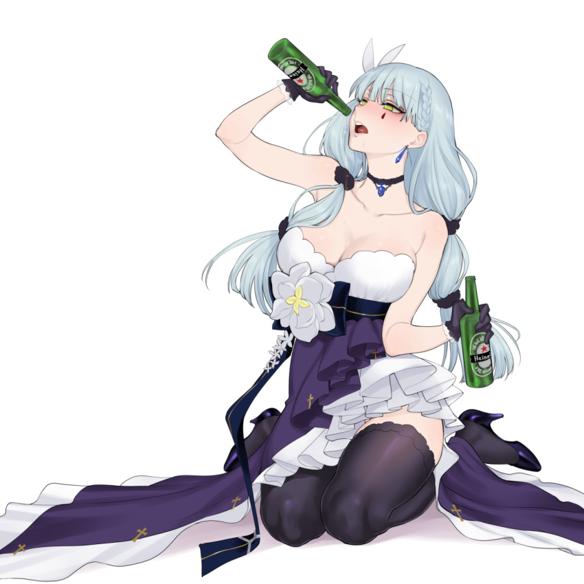 1girl alcohol bare_shoulders beer beer_bottle black_footwear black_gloves black_legwear blush braid breasts choker cleavage collarbone dress drunk earrings evening_gown flower_ornament frilled_dress frills girls_frontline gloves green_eyes hair_ornament heineken high_heels highres hk416_(girls_frontline) jewelry kneeling large_breasts long_hair low_twintails purple_dress shoukaki_(earthean) silver_hair solo strapless strapless_dress thighhighs tied_hair twintails very_long_hair white_background