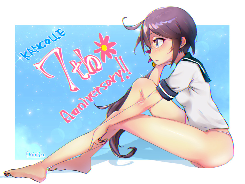 1girl akebono_(kantai_collection) anniversary artist_name ass bare_legs barefoot bell breasts flower from_side hair_bell hair_between_eyes hair_flower hair_ornament kantai_collection long_hair mani_oniniku panties pink_flower purple_eyes purple_hair school_uniform serafuku short_sleeves side_ponytail small_breasts solo underwear white_panties