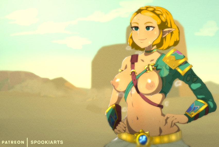 blonde_hair bodily_fluids breasts breath_of_the_wild female hair humanoid humanoid_pointy_ears hylian nintendo nipples not_furry princess_zelda solo spookiarts sweat the_legend_of_zelda video_games