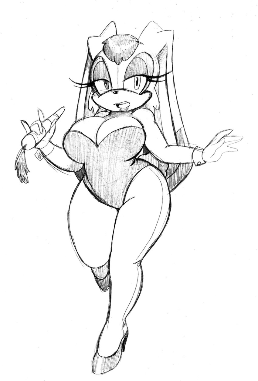 anthro big_breasts breasts bunny_costume carrot cleavage clothed clothing costume cuffs_(clothing) curvy_figure female food footwear hi_res high_heels hourglass_figure lagomorph legwear leporid looking_at_viewer mammal monochrome omegasunburst open_mouth plant playboy_outfit rabbit shoes skimpy solo sonic_the_hedgehog_(series) tights vanilla_the_rabbit vegetable walking wide_hips