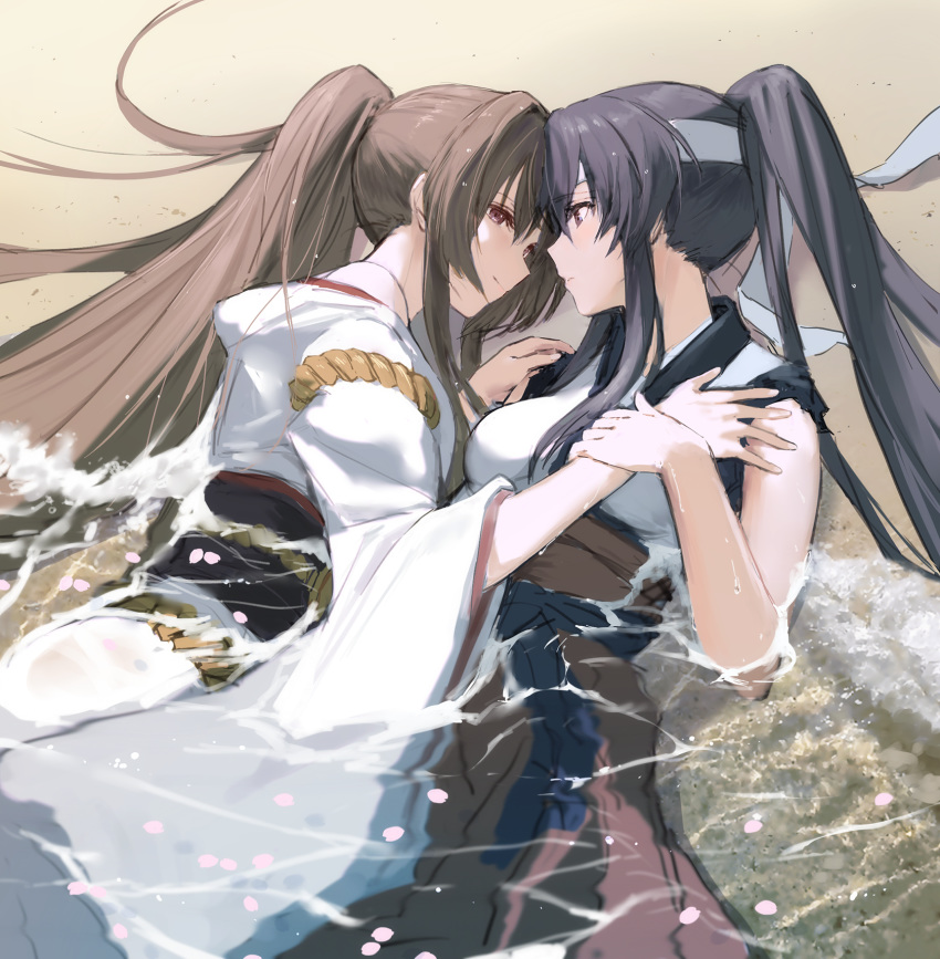 2girls alternate_costume beach black_hair blush breasts brown_eyes brown_hair brown_hakama eyebrows_visible_through_hair hair_between_eyes hair_ornament hakama hakama_skirt headband highres in_water japanese_clothes kantai_collection kimono kisetsu large_breasts long_hair long_sleeves lying multiple_girls obi on_side ponytail red_eyes sash sidelocks smile very_long_hair white_headband white_kimono wide_sleeves yahagi_(kantai_collection) yamato_(kantai_collection)