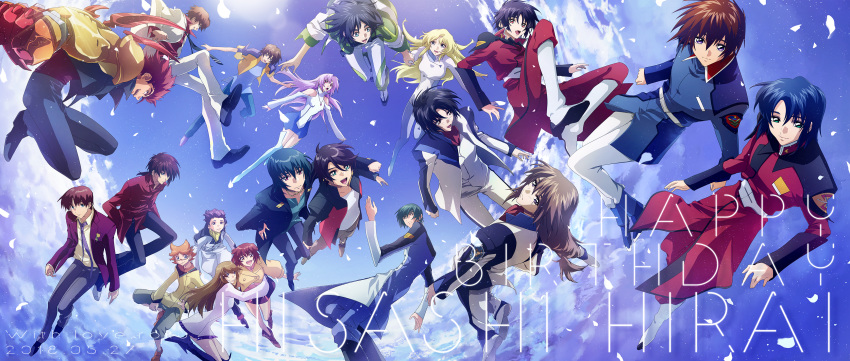 absurdres age aiba_kouji aiba_yuuki aizawa_tokito asagi_toshikazu athrun_zala birthday black_hair blonde_hair blue_eyes blue_hair cloud crossover deianeira everyone floating_hair flying formal giniro_no_olynssis glasses gundam gundam_seed gundam_seed_destiny happy_birthday hayase_kouichi heroic_age highres hitachi_izuru irie_tamaki kazuma_(scryed) kira_yamato kugimiya_kei kurogane_no_linebarrel kuroki_ange long_hair majestic_prince makabe_kazuki mechanical_arm minashiro_soushi mugen_no_ryvius open_mouth red_hair roku_(gansuns) ryuhou scryed shinn_asuka short_hair sky soukyuu_no_fafner suit suruga_ataru tea_(giniro_no_olynssis) uniform