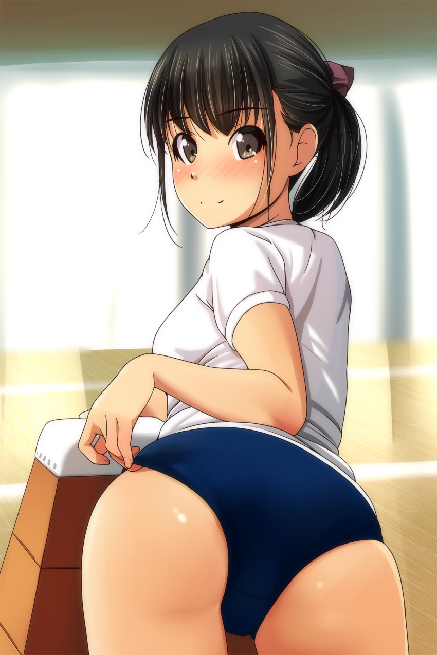 1girl absurdres adjusting_buruma adjusting_clothes ass bangs black_hair blue_buruma blurry blurry_background blush bow brown_bow brown_eyes buruma closed_mouth day depth_of_field eyebrows_visible_through_hair hair_bow highres indoors looking_at_viewer looking_back matsunaga_kouyou nose_blush original ponytail shirt short_sleeves smile solo sunlight vaulting_horse white_shirt window