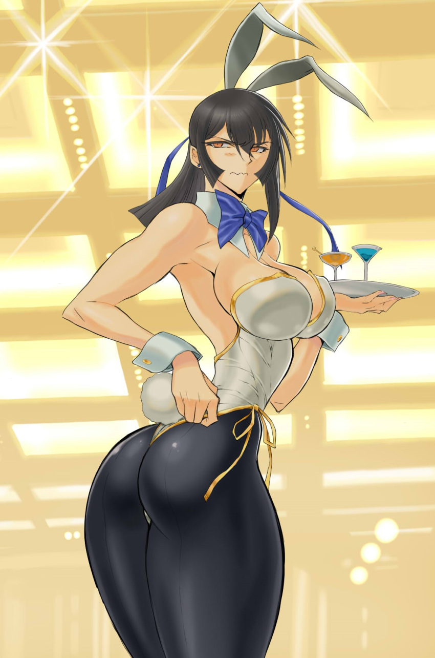1girl alcohol animal_ears ass bangs bare_shoulders black_hair black_legwear breasts bunny_ears bunny_girl bunnysuit cleavage cocktail cocktail_glass commentary_request cup detached_collar drinking_glass earrings eyebrows_visible_through_hair fake_animal_ears highleg highleg_leotard highres holding jewelry large_breasts leotard logan0241 long_hair orange_eyes original shiny shiny_clothes shiny_skin solo thighs tray twisted_torso white_leotard wrist_cuffs