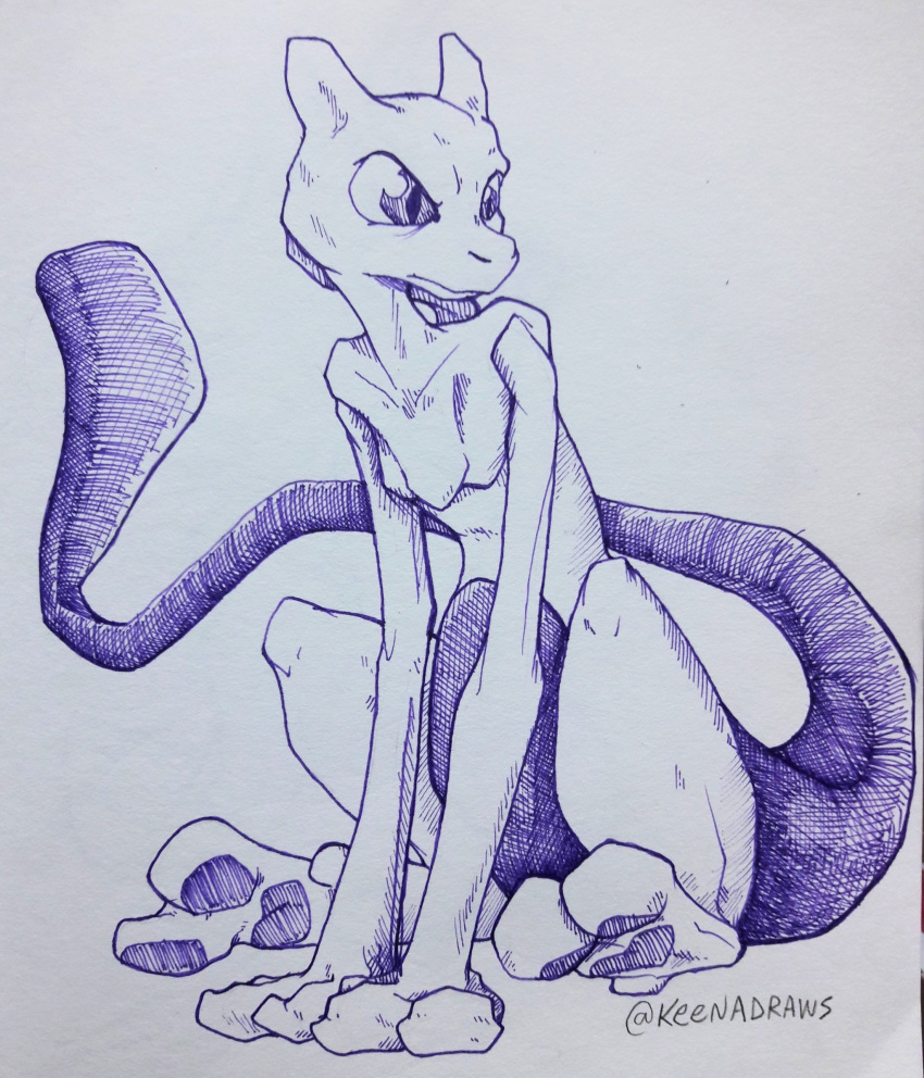 2018 2_toes ambiguous_gender cross-hatching felid feline feral full-length_portrait hatching_(art) hi_res keenadraws legendary_pok&eacute;mon looking_aside mammal mewtwo monochrome nintendo pawpads pok&eacute;mon pok&eacute;mon_(species) portrait purple_eyes purple_tail simple_background sitting solo toes traditional_media_(artwork) video_games white_background