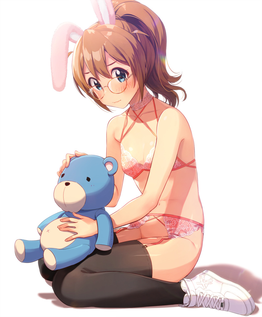 1girl baba_konomi bare_shoulders black_legwear blue_eyes blush bra brown_hair commentary_request garter_belt glasses high_ponytail highres idolmaster idolmaster_million_live! joey_koguma long_hair looking_at_viewer navel no_panties round_eyewear shoes sitting sneakers solo stuffed_animal stuffed_toy teddy_bear thighhighs underwear underwear_only wariza white_background white_footwear