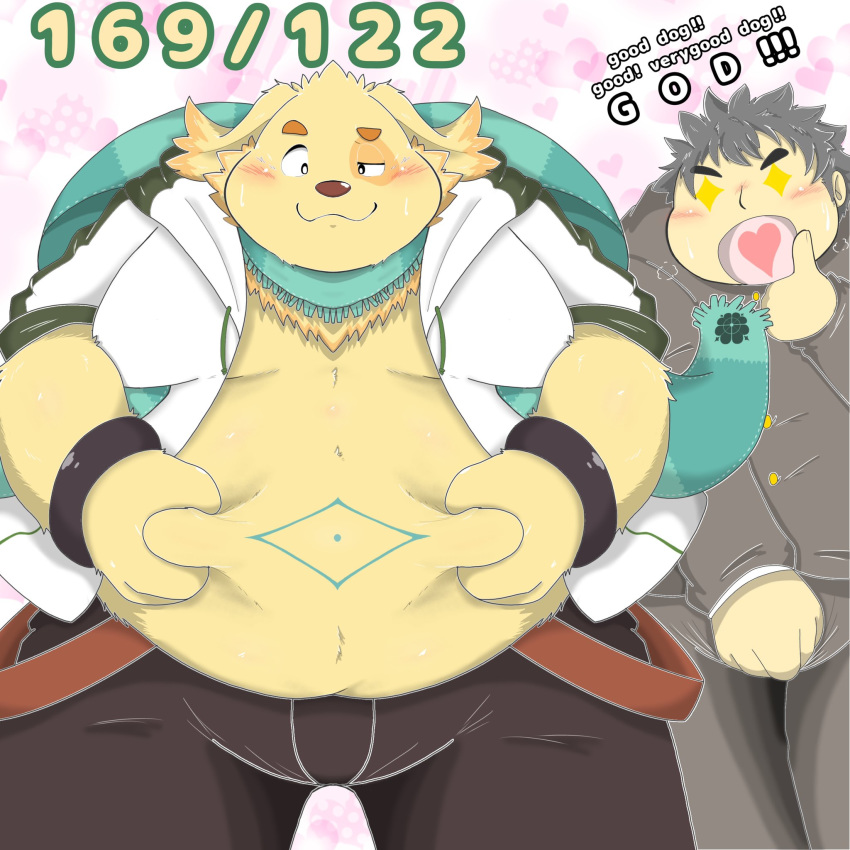 1:1 2020 anthro belly blush bottomwear canid canine canis chubby_protagonist_(tas) clothing cu_sith_(tas) domestic_dog duo english_text hi_res hoodie human humanoid_hands male mammal obese overweight overweight_male pants poketalesof protagonist_(tas) shirt text tokyo_afterschool_summoners topwear video_games