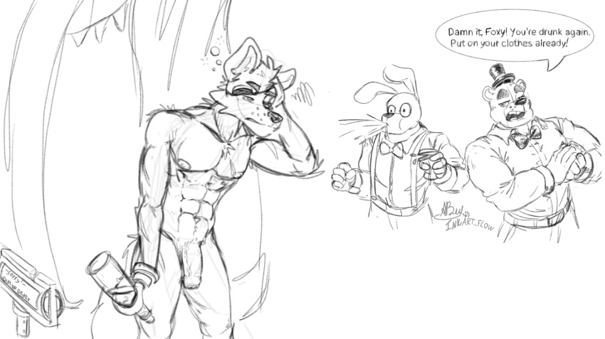 5_fingers abs anthro belt bonnie_(fnaf) bottle bottomwear bow_tie canid canine clothed clothing curtains dialogue drunk english_text eye_patch eyewear fingers five_nights_at_freddy's fox foxy_(fnaf) freddy_(fnaf) genitals group hi_res holding_bottle holding_cup holding_object hook_hand humanoid_genitalia humanoid_penis inkart_flow lagomorph leporid male mammal monochrome muscular muscular_male nude penis rabbit scar simple_background speech_bubble spit-take substance_intoxication text topwear uncut ursid vein video_games white_background