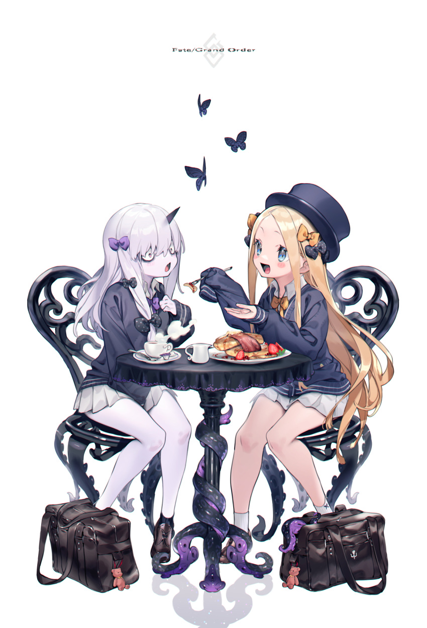 2girls :d abigail_williams_(fate/grand_order) alternate_costume animal bacon bag bag_charm bags_under_eyes bangs between_legs black_bow black_cardigan black_headwear black_legwear blonde_hair blue_eyes blush bow bug bukurote butterfly cardigan chair charm_(object) collared_shirt commentary_request copyright_name cup fate/grand_order fate_(series) feeding food forehead hair_bow hand_between_legs hat highres holding holding_food horns insect lavinia_whateley_(fate/grand_order) long_hair long_sleeves looking_at_another multiple_girls on_chair open_mouth orange_bow pancake parted_bangs pink_eyes plate pleated_skirt polka_dot polka_dot_bow purple_bow reflection ribbed_legwear saucer school_bag school_uniform shirt silver_hair sitting skirt sleeves_past_fingers sleeves_past_wrists smile socks spoon steam stuffed_animal stuffed_toy suction_cups table teacup teddy_bear tentacles very_long_hair white_background white_legwear white_shirt white_skirt wide-eyed