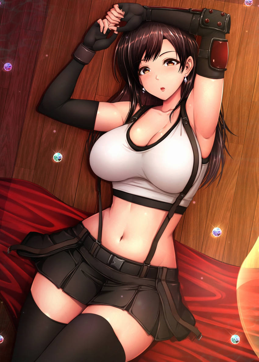 1girl arm_up armpits bangs bare_shoulders belt black_gloves black_skirt blush breasts brown_eyes brown_hair collarbone earrings elbow_gloves elbow_pads final_fantasy final_fantasy_vii final_fantasy_vii_remake fingerless_gloves gloves highres jewelry large_breasts long_hair looking_at_viewer navel open_mouth shirt skirt solo stretch suspender_skirt suspenders tank_top taut_clothes taut_shirt thighhighs thighs tifa_lockhart umasan white_tank_top