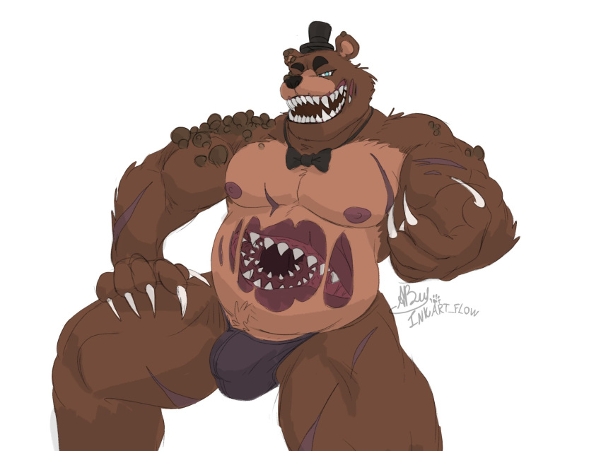 5_fingers anthro black_nose blue_eyes bow_tie brown_body brown_fur claws clothed clothing fingers five_nights_at_freddy's fur hat headgear headwear hi_res inkart_flow looking_at_viewer male mammal musclegut nipples pecs scar sharp_teeth simple_background solo stomach_mouth teeth top_hat topless twisted_freddy_(fnaf) ursid video_games warts white_background white_claws