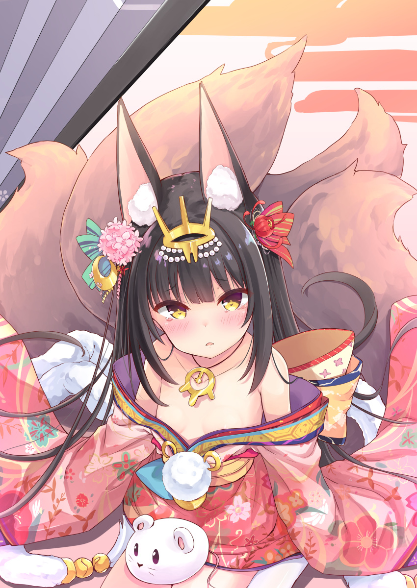 1girl absurdres animal_ear_fluff animal_ears azur_lane bare_shoulders black_hair blush brown_eyes flat_chest flower fox_ears fox_tail from_above hair_flower hair_ornament highres japanese_clothes jewelry kimono long_hair looking_up multiple_tails nagato_(azur_lane) necklace off_shoulder open_mouth red_kimono sitting solo tail tenjou_ryuka