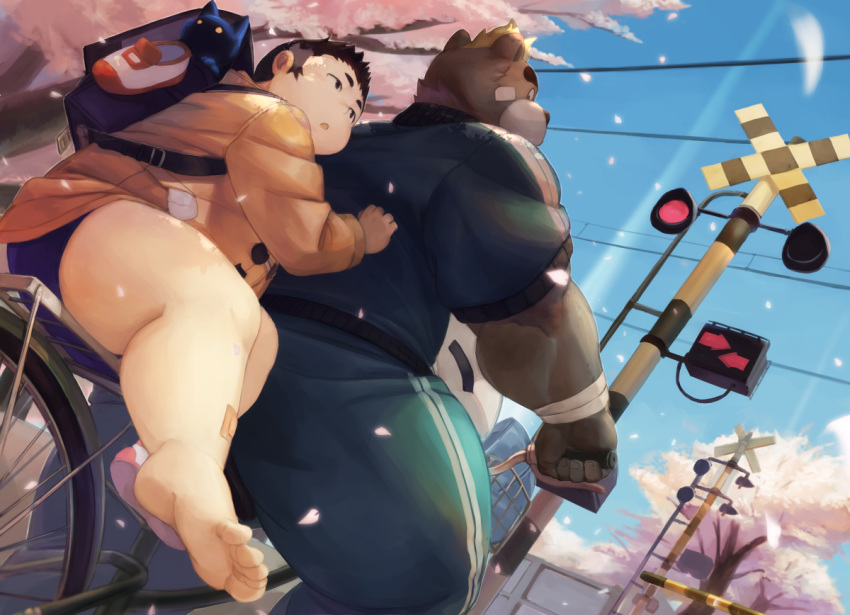 2020 anthro ashigara backpack belly bicycle bottomwear brown_body brown_fur butt clothing detailed_background duo fur human humanoid_hands kemono kenta_(tas) male mammal nion outside overweight overweight_male pants shirt shorts tokyo_afterschool_summoners topwear ursid video_games young