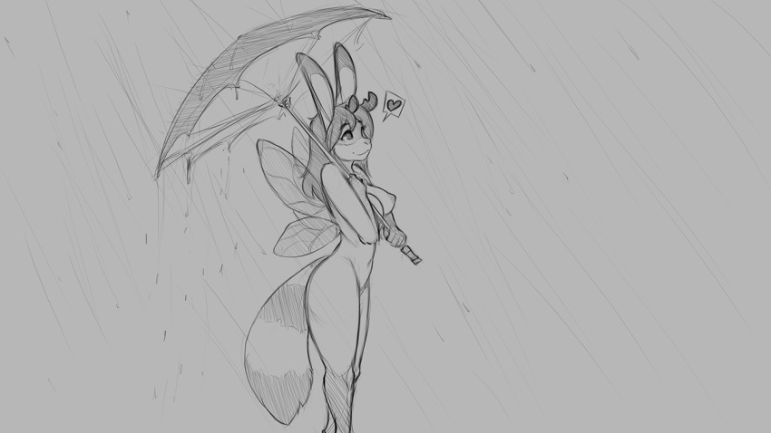 16:9 2020 anthro breasts female grey_background horn insect_wings looking_up mits_(character) monochrome navel nipples nude raining simple_background smile solo standing umbrella watsup widescreen wings