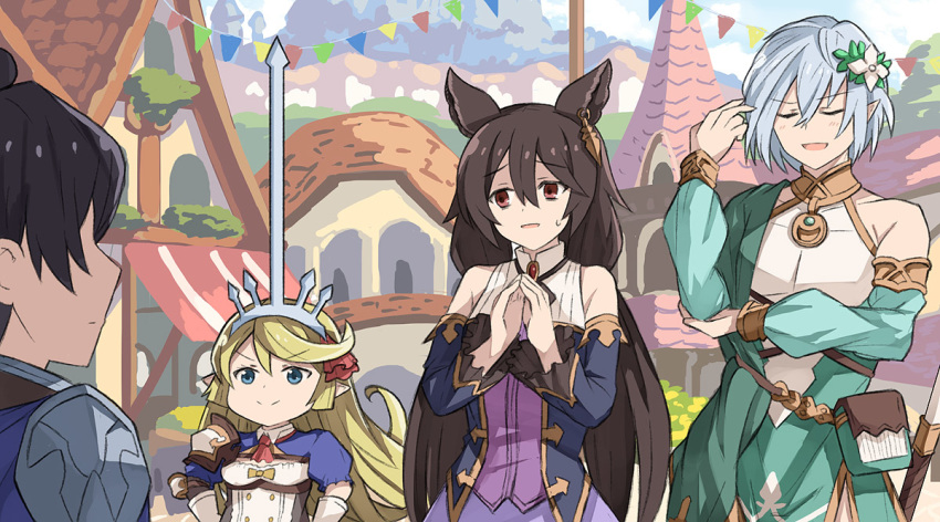 1boy 3girls alternate_costume arao bags_under_eyes bare_shoulders black_hair blonde_hair charlotta_fenia closed_eyes cosplay crossdressing earrings erune fingers_together flower granblue_fantasy grimnir hair_flower hair_ornament hair_ribbon hairband height_difference jewelry kokkoro_(princess_connect!) kokkoro_(princess_connect!)_(cosplay) kyaru_(princess_connect) kyaru_(princess_connect)_(cosplay) long_hair multiple_girls nier_(granblue_fantasy) open_mouth pecorine pecorine_(cosplay) pointy_ears princess_connect! princess_connect!_re:dive red_eyes ribbon short_hair silver_hair smile smirk yuuki_(princess_connect)