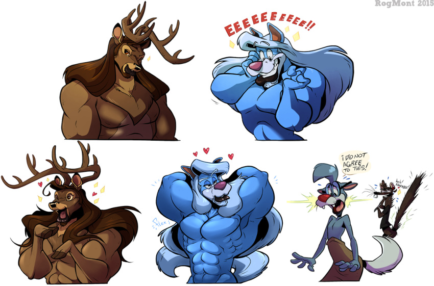 animaniacs anthro antlers bambi bambi_(film) blue_body blue_fur brown_body brown_fur brown_hair canid canine canis cervid disney fur hair horn lips long_hair male mammal muscular muscular_male spookaboo thick_lips warner_brothers white_hair wilford_wolf wolf