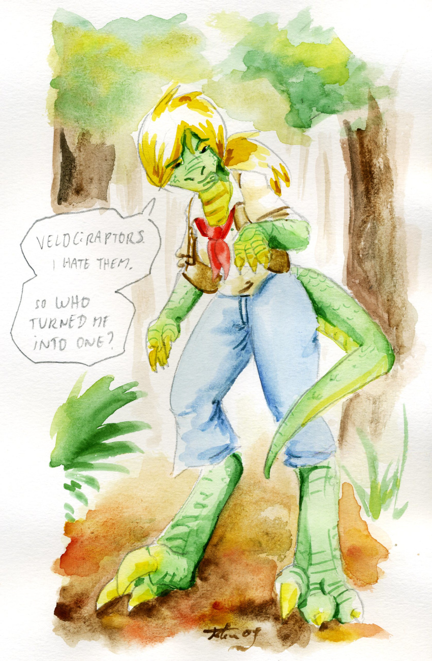 2009 absurd_res after_transformation blonde_hair bottomwear cervelet clothing dialogue digitigrade dinosaur dromaeosaurid female grass green_body green_scales hair hi_res outside painting_(artwork) pants ponytail reptile scales scalie shirt solo standing theropod topwear traditional_media_(artwork) tree velociraptor watercolor_(artwork)