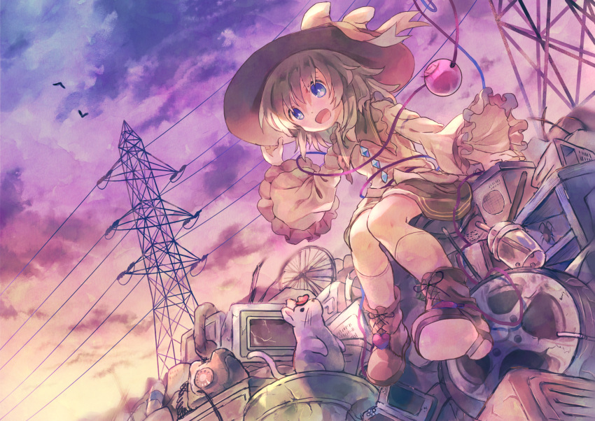 1girl ankle_boots bicycle bird boots bottle brown_footwear bug cockroach commentary cup disposable_cup dutch_angle evening from_below gradient_sky green_hair green_skirt ground_vehicle hair_between_eyes hand_on_headwear hat hat_ribbon highres insect kneehighs knees_together_feet_apart komeiji_koishi landfill long_sleeves mailbox_(incoming_mail) microwave mouse open_mouth phone power_lines ribbon rotary_phone sekisei_(superego51) shirt short_hair sitting skirt sky solo television third_eye touhou transmission_tower water_bottle white_legwear wide_sleeves yellow_shirt
