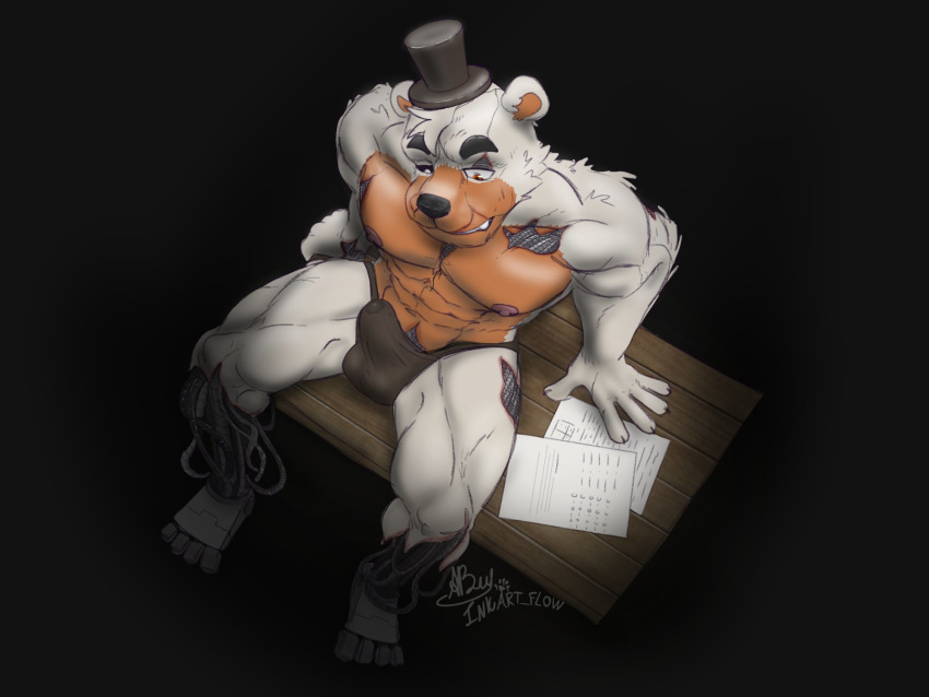 4_toes 5_fingers abs animatronic anthro balls_outline bodily_fluids brown_clothing brown_underwear bulge clothed clothing exposed_endoskeleton fingers five_nights_at_freddy's fur genital_fluids genital_outline hat headgear headwear hi_res high-angle_view inkart_flow machine male mammal molten_freddy_(fnaf) muscular muscular_male nipples orange_eyes paper penis_outline precum precum_through_clothing precum_through_underwear robot sitting solo toes top_hat topless underwear ursid video_games wet wet_clothing white_body white_fur
