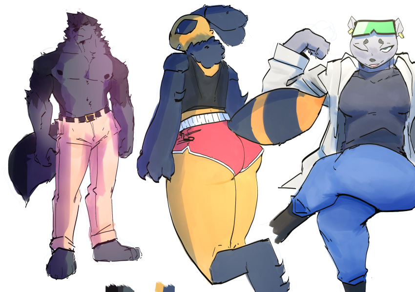 anthro arthropod bee belt bottomwear canid canine canis clothing coat colored_sketch crossed_legs female flexing goon_(goonie_san) goonie-san group hi_res hymenopteran insect lab_coat male mammal mary_itani_(brand_new_animal) mercy_(goonie-san) mink mustelid musteline pants shirt shorts sketch_page tank_top topless_male topwear turtleneck visor wolf