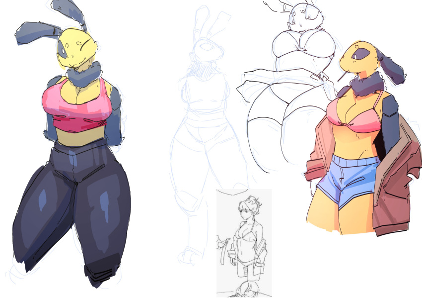 anthro arthropod bee bikini bottomwear breasts cleavage clothed clothing colored female goonie-san hi_res human hymenopteran insect jacket leggings legwear line_art mammal mercy_(goonie-san) one_eye_closed reference_image shaded shirt shorts sketch skirt smile solo swimwear tank_top topwear wink