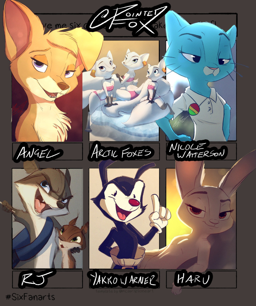 2020 angel_(lady_and_the_tramp) animaniacs anthro arctic_fox arctic_fox_masseuse_(zootopia) beastars black_body black_fur blue_body blue_fur canid canine canis cartoon_network clothing disney domestic_cat domestic_dog dreamworks felid feline felis female fox fur gloves handwear haru_(beastars) hi_res lady_and_the_tramp lagomorph leporid male mammal nicole_watterson over_the_hedge pointedfox procyonid rabbit raccoon rj_(over_the_hedge) simple_background six_fanarts_challenge the_amazing_world_of_gumball warner_brothers white_body white_fur yakko_warner zootopia