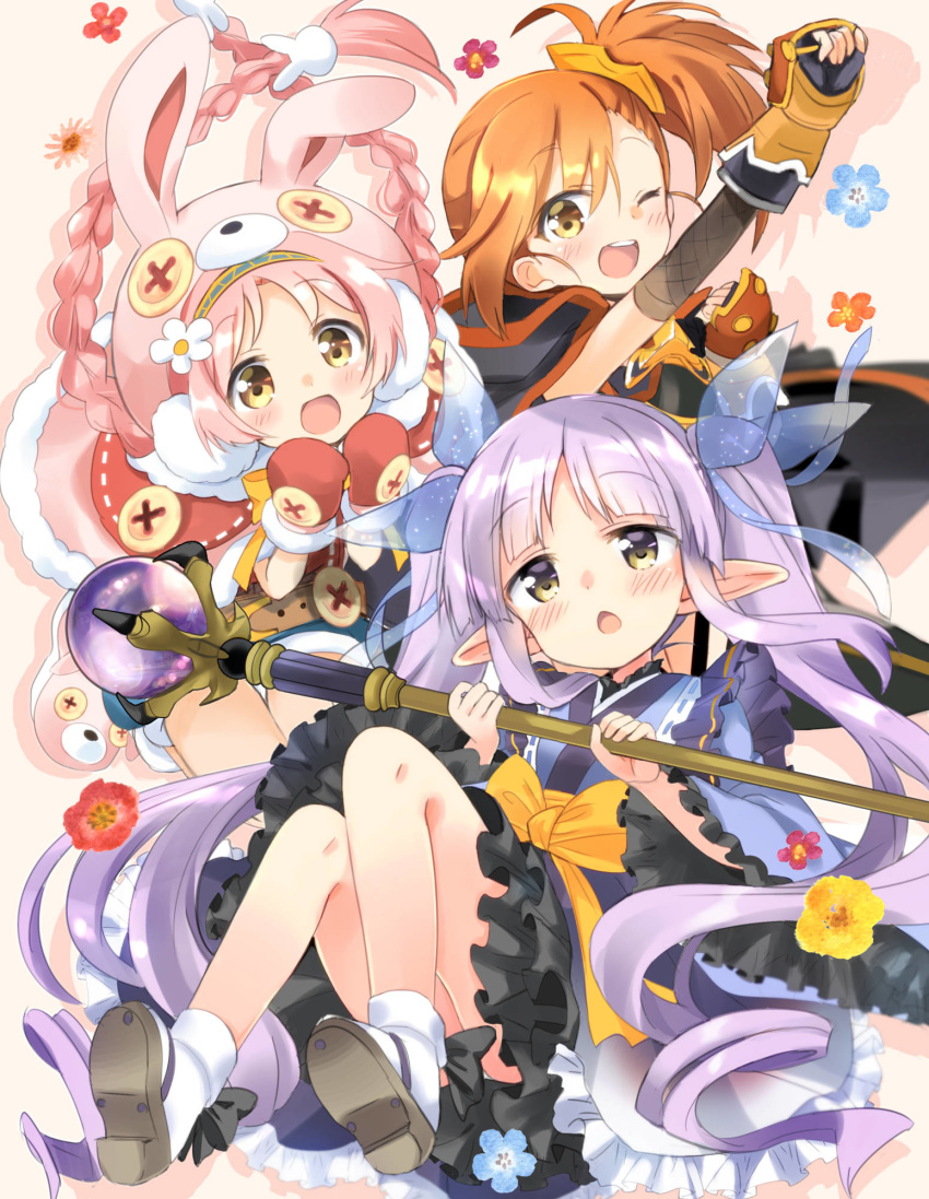 3girls :d ;d akane_mimi animal_ears animal_hat black_bow black_cape black_gloves blue_flower blue_kimono blue_ribbon blue_shorts blush bow braid brown_background brown_eyes brown_footwear brown_hair bunny_ears bunny_hat cape capelet commentary_request fake_animal_ears fingerless_gloves flower frilled_sleeves frills fur-trimmed_capelet fur-trimmed_mittens fur_trim gloves hair_ribbon hat highres hikawa_kyouka hizuki_yayoi hodaka_misogi holding holding_staff hood hood_down hooded_cape japanese_clothes kimono long_hair long_sleeves looking_at_viewer mittens multiple_girls one_eye_closed open_mouth orb panties pink_capelet pink_hair pink_headwear pointy_ears princess_connect! princess_connect!_re:dive purple_hair red_flower red_mittens ribbon ribbon_trim short_shorts shorts side_ponytail smile socks staff twin_braids twintails underwear upper_teeth very_long_hair white_legwear white_panties wide_sleeves yellow_flower