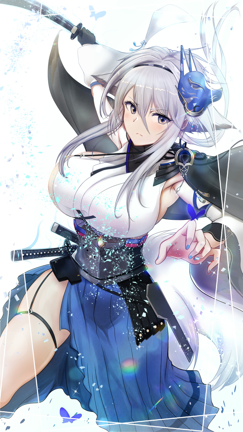 1girl armpits azur_lane bangs bare_shoulders black_gloves black_hairband black_headband blue_eyes blue_nails blue_skirt blush breasts bug butterfly choker commentary_request covered_collarbone cowboy_shot detached_sleeves diffraction_spikes eyebrows_visible_through_hair fox_mask fox_tail garter_straps gloves grey_eyes grey_hair hair_between_eyes hair_ears hairband headband highres holding holding_sword holding_weapon insect japanese_clothes katana kimono large_breasts light_particles long_hair looking_at_viewer mask mask_on_head nail_polish pleated_skirt purple_butterfly ru-ne sakuramon serious sheath sheathed side_slit sideboob sidelocks silver_hair simple_background single_glove skindentation skirt sleeveless sleeveless_kimono solo standing sword tail thigh_strap tosa_(azur_lane) weapon white_background white_kimono white_sleeves wide_sleeves