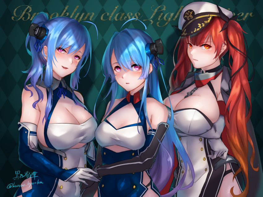 3 absurdres ahoge azur_lane bangs bare_shoulders between_breasts black_panties black_ribbon blue_hair blush breasts chain cleavage collarbone dress elbow_gloves eyebrows_visible_through_hair gloves hair_between_eyes hair_ornament hair_ribbon hat helena_(azur_lane) highres honolulu_(azur_lane) kurono_hyouka large_breasts long_hair looking_at_viewer medium_breasts number one_side_up open_mouth panties peaked_cap purple_eyes red_eyes red_hair ribbon short_dress sidelocks st._louis_(azur_lane) twintails two-tone_dress underwear very_long_hair white_gloves