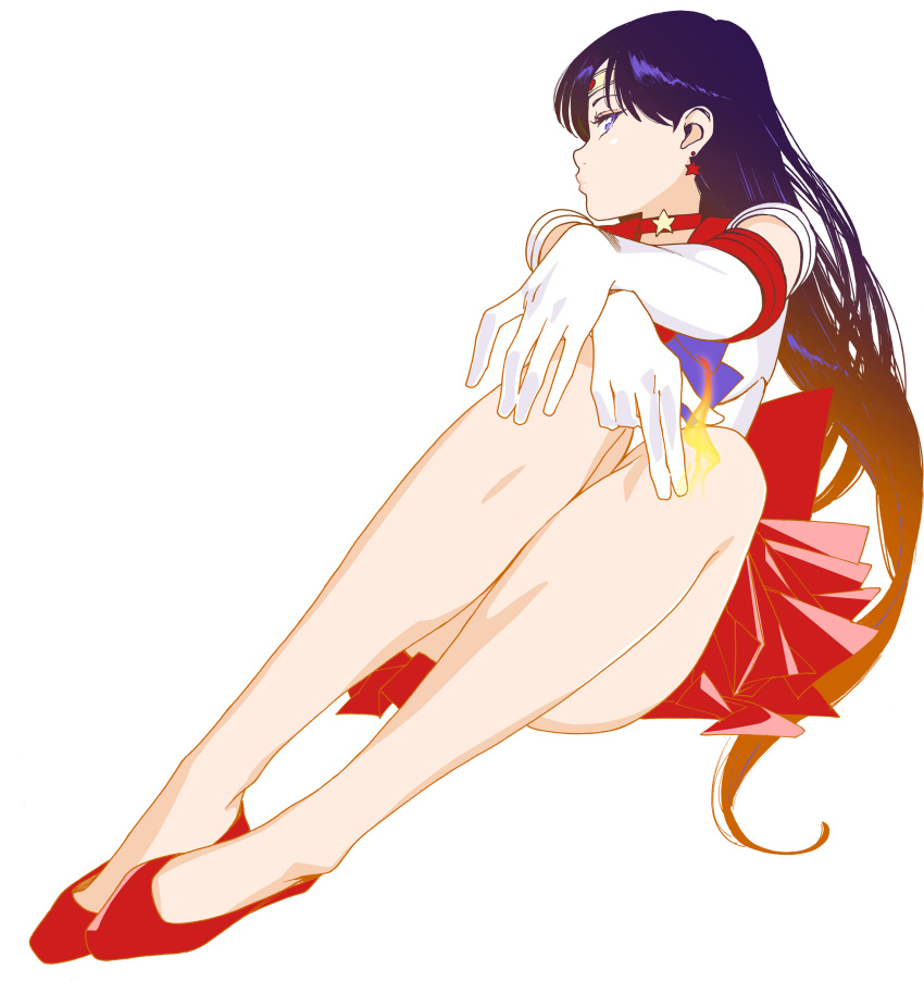 1girl absurdres bare_legs bishoujo_senshi_sailor_moon choker earrings elbow_gloves facing_away gloves highres jewelry kishi_torajirou legs_together long_hair looking_at_viewer purple_hair red_choker red_earrings red_footwear red_skirt sailor_mars sitting skirt solo star star_choker star_earrings thighs tiara_removed very_long_hair white_background white_gloves