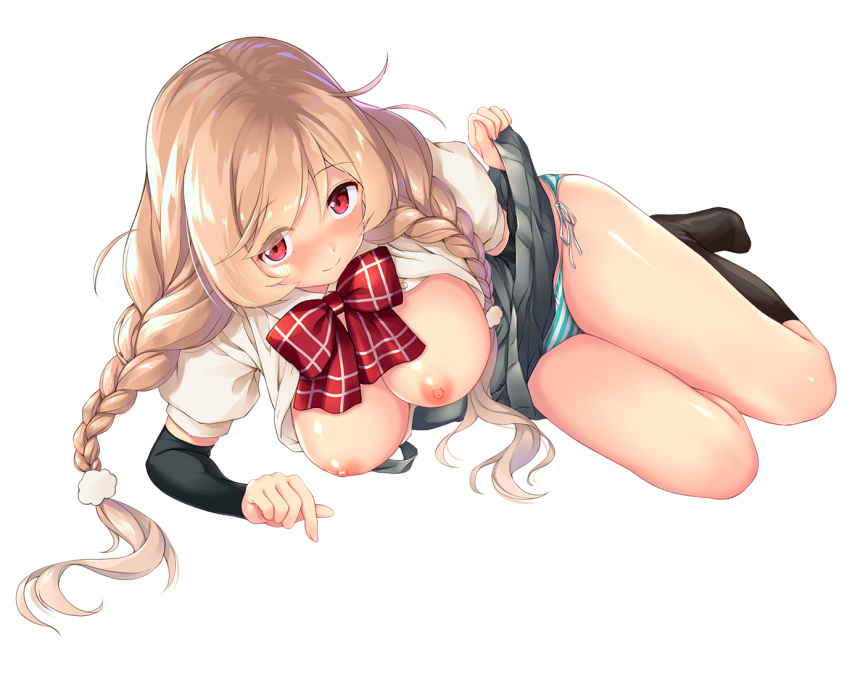 1girl areolae awa_yume black_legwear blush bow bowtie braid breasts cloud_hair_ornament eyebrows_visible_through_hair gradient_hair kantai_collection large_breasts lifted_by_self light_brown_hair long_hair looking_at_viewer low_twin_braids minegumo_(kantai_collection) multicolored_hair nipples open_mouth panties plaid plaid_bow plaid_neckwear pleated_skirt red_bow red_eyes red_neckwear school_uniform shirt short_sleeves skirt solo striped striped_panties suspender_skirt suspenders thighs twin_braids underwear white_shirt