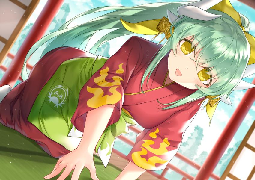 1girl alternate_costume aqua_hair bangs blush breasts commentary_request dragon_horns eyebrows_visible_through_hair fate/grand_order fate_(series) green_hair horns indoors japanese_clothes kimono kiyohime_(fate/grand_order) kneeling long_hair looking_at_viewer medium_breasts morizono_shiki nakai_(waitress) open_mouth ponytail red_kimono smile solo tatami yellow_eyes