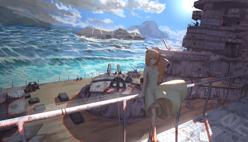 1girl absurdres bangs battleship blue_eyes breasts cannon cleavage closed_mouth day dress floating_hair hair_between_eyes hair_ornament hairclip highres la~la light long_hair looking_at_viewer military military_vehicle mountain neon_genesis_evangelion ocean orange_footwear outdoors ship shoes solo souryuu_asuka_langley standing summer sundress sunlight warship watercraft wind yellow_dress