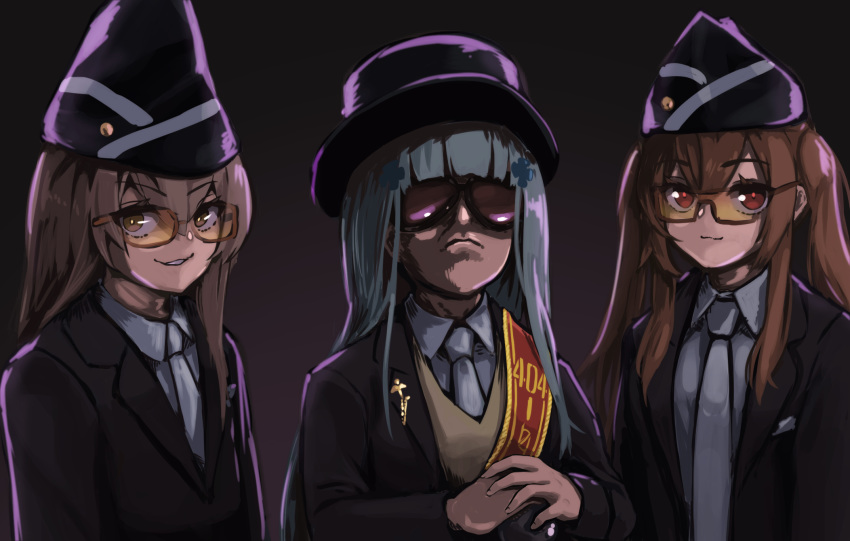 3girls :3 alternate_costume bang bangs black_headwear blue_hair blunt_bangs brown_hair closed_mouth dancing_pallbearers eyebrows_visible_through_hair finger_gun formal girls_frontline hair_ornament hat highres hk416_(girls_frontline) long_hair long_sleeves mari0ball meme multiple_girls necktie sidelocks simple_background smile suit sunglasses twintails ump45_(girls_frontline) ump9_(girls_frontline) upper_body white_neckwear