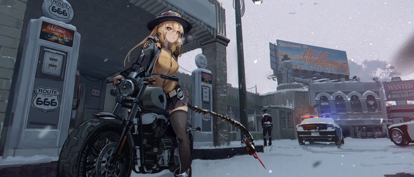 1boy 1girl 666 bangs bird black_jacket black_legwear black_skirt blonde_hair bomber_jacket breast_pocket breasts breath brown_eyes car chinese_commentary closed_mouth cuffs demon_horns fur_collar gas_pump gas_station girls_frontline ground_vehicle hair_between_eyes handcuffs hat highres horns jacket long_hair long_sleeves m870_(girls_frontline) mechanical_tail motor_vehicle motorcycle outdoors pleated_skirt pocket police_car sheriff_badge shirt sign skirt snow snowing tail thighhighs waterkuma yellow_shirt