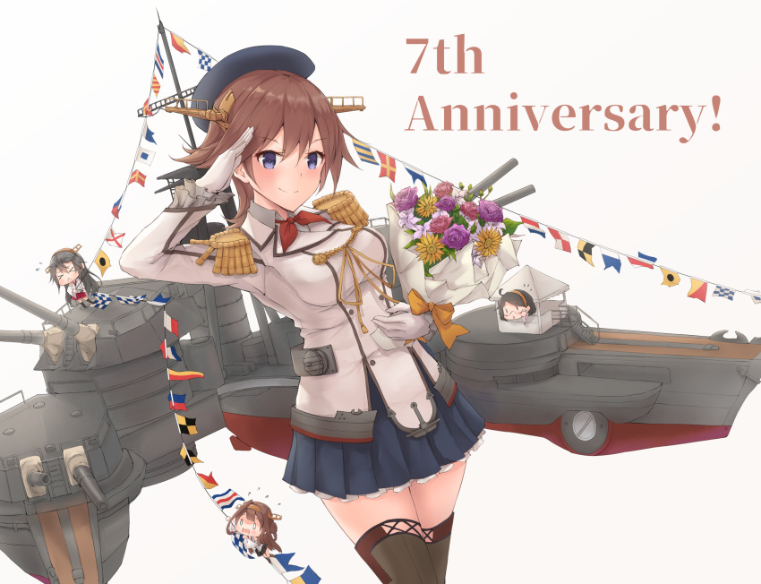 &gt;_&lt; 4girls :&lt; anniversary bare_shoulders beret black_hair black_headwear black_skirt blush brown_hair buttons chibi cosplay cowboy_shot detached_sleeves double_bun epaulettes eyebrows_visible_through_hair flag flags_of_all_nations glasses gloves grey_shirt hair_between_eyes hairband haruna_(kantai_collection) hat headgear hiei_(kantai_collection) highres jacket japanese_clothes k_jie kantai_collection kashima_(kantai_collection) kashima_(kantai_collection)_(cosplay) kerchief kirishima_(kantai_collection) kongou_(kantai_collection) long_hair long_sleeves machinery military military_uniform minigirl multiple_girls nontraditional_miko pleated_skirt purple_eyes red_neckwear red_skirt remodel_(kantai_collection) ribbon-trimmed_sleeves ribbon_trim salute shirt short_hair skirt smile solid_oval_eyes string_of_flags turret uniform white_gloves white_jacket wide_sleeves